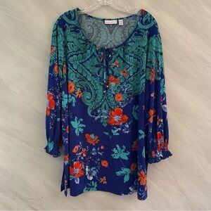 Susan Graver 2X Blue Floral Paisley Tie Neck Liquid Knit Boho Blouse Coastal